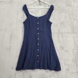 Roxy Dress Womens XL Blue Button Front Square Neck Short Gauze Sundress Beach